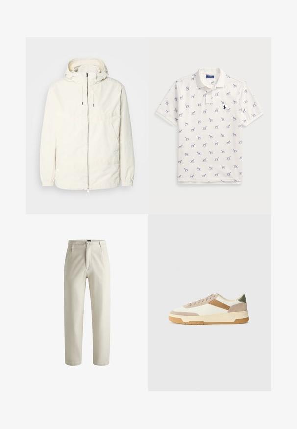 Ľahká, krémová bunda s kapucňou, zipsom vpredu, elastickými manžetami a klokannou vreckom. Hladká tkanina s minimálnymi stehovými detailmi.; Biely polo tričko vyrobené z bavlny, s opakujúcim sa modrým vzorom psíka a malým modrým logom na hrudi. Krátke rukávy a golier.; Krémové nohavice vyrobené z bavlny, s rovnými nohavicami, predným zipsom a dvoma bočnými vreckami. Hladká textúra s minimálnym zdobením.; Tenisky v béžovej, krémovej a olivovo zelenej farbe, vyrobené zo semišu a kože, s okrúhlou špičkou, minimalistickým dizajnom a gumovou podrážkou.