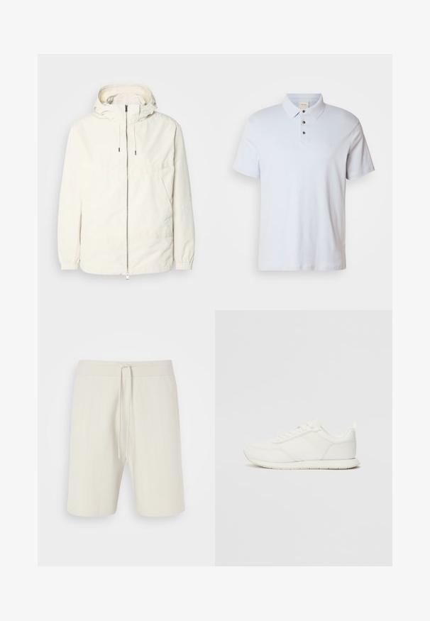 Kerge, kreemivärvi jakk, kapuutsiga, lukuga ees, elastsete mansettide ja känguru taskuga. Sile kangas minimaalsete õmblusdetailidega.; Hele sinine polo särk, mis on valmistatud puuvillast, sisaldab kolme nupuga pealist, volditud kraed, lühikesi varrukaid ja väikest logo rinnal.; Heledbeez shorts, mis on valmistatud tekstuurses kangas, tõmblukuga vöökoht ja põlve pikkus koos peente vertikaalsete triipudega.; Valged tennisesid, millel on võrgust ja sünteetilisest materjalist ülemine osa, ümar varvas, lamedad paelad ja tekstureeritud külgmine triip. Kummist tallaosa, tagaküljel tõmbetab.