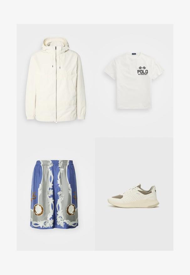 Lengvas, kreminės spalvos švarkas su kapišonu, užtrauktuku priekyje, elastingomis rankovėmis ir kengūros kišene. Lygus audinys su minimaliais siūlių detalėmis.; Balta medvilninė marškinė su apvaliu kaklu, su juodu "Polo Motorsport" logotipu ir kirtusiomis šachmatų vėliavomis kairėje krūtinės pusėje.; Mėlyni ir pilki šortai, pagaminti iš lygaus audinio, su puošniais baltais ir auksiniais raštais, gėlėmis ir apvaliais motyvais priekyje.; Baltas ir šviesiai bežinis sportinis kedas, su tinklo viršumi, perforuotais detalėmis ir tekstūruotu tarpine su logotipu ant kulno.