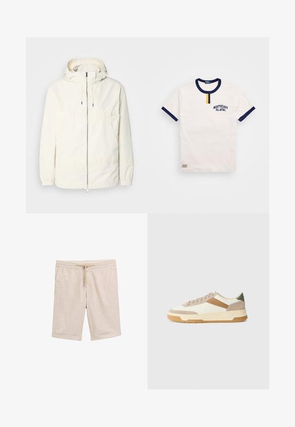 Lichte, crèmekleurige jas met een capuchon, rits aan de voorkant, elastische manchetten en een kangoeroezak. Glad materiaal met minimale stikdetails.; Witte katoenen t-shirt met marineblauwe ronde hals en mouwaccenten. Bevat een klein geel knoopdetail en geborduurd "NORTHEAST RL ATHL."; Beige katoenen shorts in een mengsel met een elastische tailleband, koorddetails en omgerolde mouwen. Gladde textuur, geen patronen of hardware.; Sneakers in beige, crème en olijfgroen, met suede en leer, een ronde neus, een minimalistisch ontwerp en een rubberen zool.