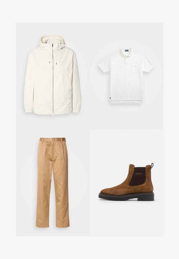 Könnyű, tejszínszínű dzseki kapucnival, cipzáras elülső résszel, rugalmas mandzsettákkal és kenguruzsebbel. Simaszerű anyag minimális varrási részletekkel.; Fehér pólóing, pamutból készült, klasszikus gallérral, háromgombos végigfutóval és bal oldali zsebével; kis logó a szegélyen.; Khaki nadrág, pamut keverék, egyenes szabású, elülső redők, övtartók és gombos zárás. Simább textúra minták nélkül.; Barna velúr bokacsizma kerek orral és rugalmas oldalsó panelekkel. Fekete texturált részlet jellemzi, valamint hátsó húzóhurok. Fekete talp.