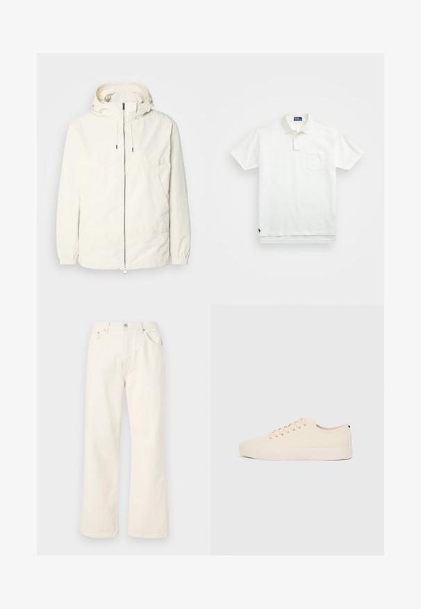 Gaisas, krēmkrāsas jaka ar kapuci, ar rāvējslēdzēju priekšpusē, elastīgām aprocēm un kangaroo kabatu. Gluda auduma virsma ar minimālām šuvju detaļām.; Balta polo krekls, izgatavots no kokvilnas, ar klasisku apkakli, trīs pogu aizdari un kreisajā krūtī kabatu; neliels logo apakšmalā.; Krēmkārtā plašo kāju džinsi, kas izgatavoti no denima, ar standarta piecu kabatu dizainu un metāla pogu aizdari jostasvietā.; Bežīgas kanvas kedas ar apaļu purngalu, plakanu gumijas zoli un auklām priekšā. Ir minimālisma dizains un kontrastējoša melna akcenta detaļa uz papēža.