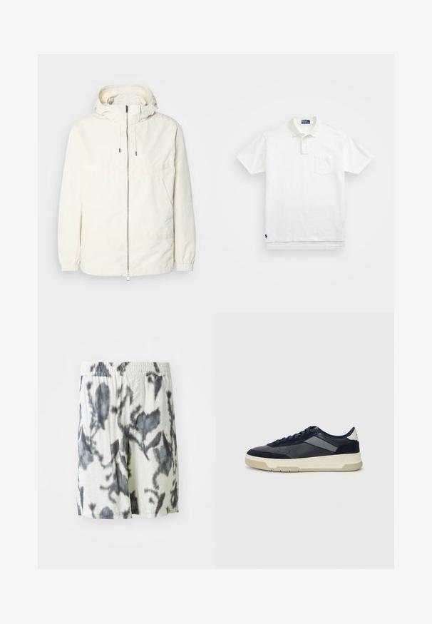 Lekka, kremowa kurtka z kapturem, zapinana na zamek, z elastycznymi mankietami i kieszenią typu kangur. Gładki materiał z minimalnymi detalami szwów.; Biała koszulka polo wykonana z bawełny, z klasycznym kołnierzykiem, trzema guzikami oraz kieszonką na lewym piersi; małe logo na dolnym brzegu.; Białe szorty z czarnym wzorem tie-dye, z elastycznym paskiem w talii i oddychającym materiałem dla wygody. Casualowy design z luźnym krojem.; BOSS BALTIMORE niebieski