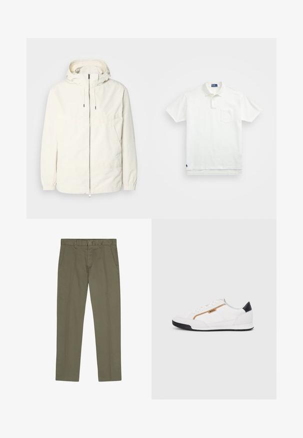 Gaisas, krēmkrāsas jaka ar kapuci, ar rāvējslēdzēju priekšpusē, elastīgām aprocēm un kangaroo kabatu. Gluda auduma virsma ar minimālām šuvju detaļām.; Balta polo krekls, izgatavots no kokvilnas, ar klasisku apkakli, trīs pogu aizdari un kreisajā krūtī kabatu; neliels logo apakšmalā.; NN.07 THEO - Chinos tipa bikses - capers; Baltijas krāsā baltas sporta kurpes ar acu un ādas akcentiem. Iezīmējas ar zelta "BOSS" logo, teksturētām sānu paneļiem un melnu papēža kapu. Gumijas zole.