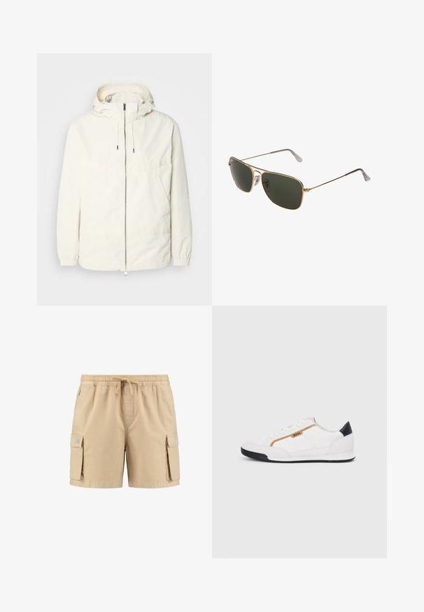 Chaqueta ligera de color crema con capucha, cierre de cremallera en la parte delantera, puños elásticos y un bolsillo tipo canguro. Tejido suave con detalles de costura mínimos.; Camisa polo blanca de algodón, con un collar clásico, una tapeta de tres botones y un bolsillo en el pecho izquierdo; pequeño logo en el dobladillo.; Pantalones cortos cargo beige con cinturilla elástica, cordón ajustable y dos bolsillos laterales, con una textura suave y detalles de costura mínimos.; Zapatillas deportivas blancas con acentos de malla y cuero. Presentan un logotipo dorado de "BOSS", paneles laterales texturizados y una tapa de talón negra. Suela de goma.; Gafas de sol aviador de metal dorado con grandes lentes verdes oscuros, que cuentan con un marco delgado y almohadillas nasales transparentes para mayor comodidad.