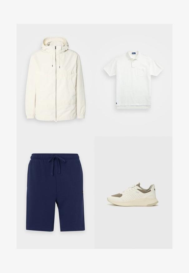 Leichte, cremefarbene Jacke mit Kapuze, Reißverschluss vorne, elastischen Bündchen und einer Kängurutasche. Glattes Gewebe mit minimalen Nähdetails.; Weißes Poloshirt aus Baumwolle, mit klassischem Kragen, Drei-Knopf-Leiste und einer linken Brusttasche; kleines Logo am Saum.; Marineblaue Shorts aus weichem Baumwollmix, mit einem elastischen Bund und Kordelzug sowie Seitentaschen.; Weiße und hellbeige Sport Sneakers, ausgestattet mit einem Obermaterial aus Netzgewebe, perforierten Details und einer strukturierten Zwischensohle mit Branding an der Ferse.