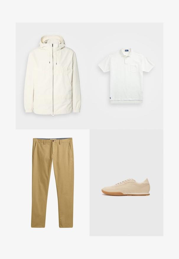 Lichte, crèmekleurige jas met een capuchon, rits aan de voorkant, elastische manchetten en een kangoeroezak. Glad materiaal met minimale stikdetails.; Witte poloshirt van katoen, met een klassieke kraag, een knoopsluiting met drie knopen en een borstzak aan de linkerkant; klein logo aan de onderrand.; Khaki chino's met een soepele stofstructuur, recht model, voorzakken en een knoopsluiting. Gestructureerde taille met riemlussen.; Beige suede sneakers met een gestroomlijnd ontwerp, voorzien van een textuur bovenwerk, ronde neus en een rubberen zool met een zigzagpatroon.
