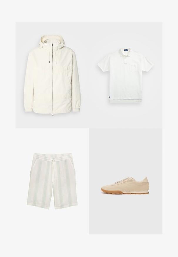 Lekka, kremowa kurtka z kapturem, zapinana na zamek, z elastycznymi mankietami i kieszenią typu kangur. Gładki materiał z minimalnymi detalami szwów.; Biała koszulka polo wykonana z bawełny, z klasycznym kołnierzykiem, trzema guzikami oraz kieszonką na lewym piersi; małe logo na dolnym brzegu.; Białe szorty wykonane z lekkiego materiału, z pionowymi jasnoniebieskimi i zielonymi paskami, z elastycznym pasem i bocznymi kieszeniami.; Beżowe zamszowe sneakersy o opływowym designie, z teksturowaną cholewką, zaokrąglonym noskiem i gumową podeszwą w zygzakowaty wzór.