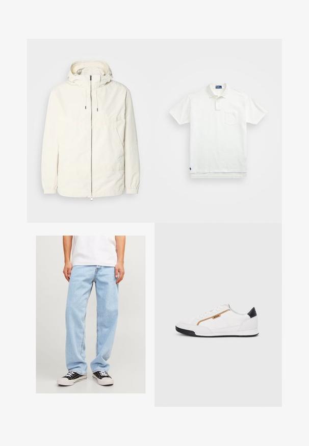 Veste légère de couleur crème avec capuche, fermeture éclair sur le devant, poignets élastiques et poche kangourou. Tissu lisse avec des détails de couture minimaux.; Polo shirt blanc en coton, avec un col classique, une patte de boutonnage à trois boutons et une poche sur la poitrine à gauche ; petit logo en bas.; Jean en denim bleu clair avec une coupe décontractée, affichant un design à jambe droite et des coutures standard, associé à des baskets noires.; Baskets blanches avec des accents en maille et en cuir. Caractéristiques d'un logo "BOSS" doré, de panneaux latéraux texturés et d'un capuchon de talon noir. Semelle en caoutchouc.