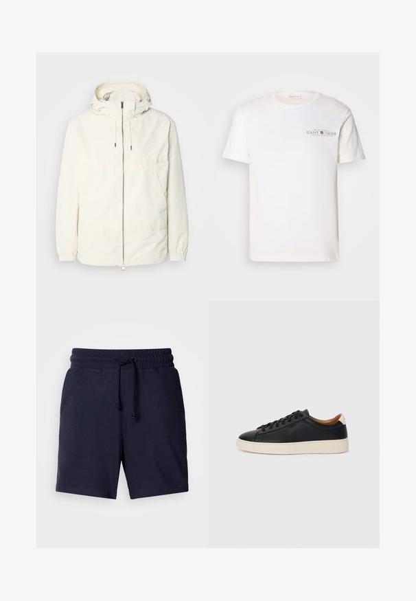 Leichte, cremefarbene Jacke mit Kapuze, Reißverschluss vorne, elastischen Bündchen und einer Kängurutasche. Glattes Gewebe mit minimalen Nähdetails.; Weißes Baumwoll-T-Shirt mit Rundhalsausschnitt, kurzen Ärmeln und einem bedruckten Logo. Verfügt über ein minimalistisches Design und eine lockere Passform.; Marineblaue Shorts mit lockerer Passform, elastischem Bund und verstellbarem Kordelzug. Leichtes Material mit glatter Textur.; Schwarze Ledersneaker mit glatter Textur, beiger Gummisohle, Schnürdesign und einem kontrastierenden Fersenakzent.