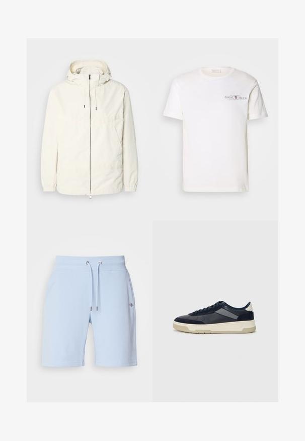 Leichte, cremefarbene Jacke mit Kapuze, Reißverschluss vorne, elastischen Bündchen und einer Kängurutasche. Glattes Gewebe mit minimalen Nähdetails.; Weißes Baumwoll-T-Shirt mit Rundhalsausschnitt, kurzen Ärmeln und einem bedruckten Logo. Verfügt über ein minimalistisches Design und eine lockere Passform.; Helle blaue Shorts aus weichem Stoff, ausgestattet mit einem elastischen Bund und einer Kordel sowie einem kleinen Logo auf der Vorderseite.; BOSS BALTIMORE - Sneaker low - open blue