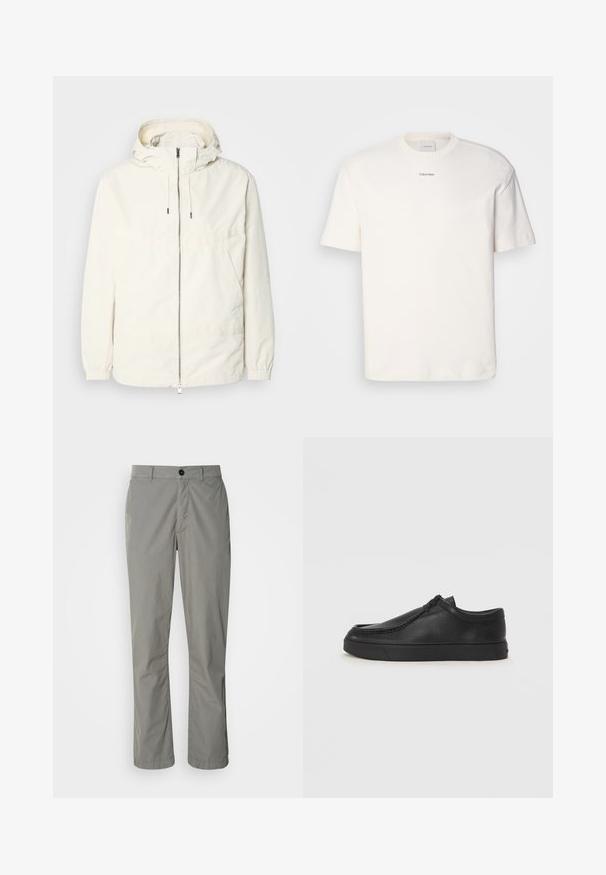 Letthvægts, cremefarvet jakke med hætte, lynlås fortil, elastiske manchetter og en kengurulomme. Glat stof med minimale stingdetaljer.; Hvid bomulds T-shirt med rund hals, korte ærmer og broderet "Calvin Klein" logo i midten af brystet. Enkel design.; Lys grå bukser lavet af letvægtsstof. De har en frontknaplukning, skrå lommer og et lige ben-design.; Sorte læderslippersko med en rund tå, stikninger og sort gummisål. Glat tekstur med minimalistisk design.