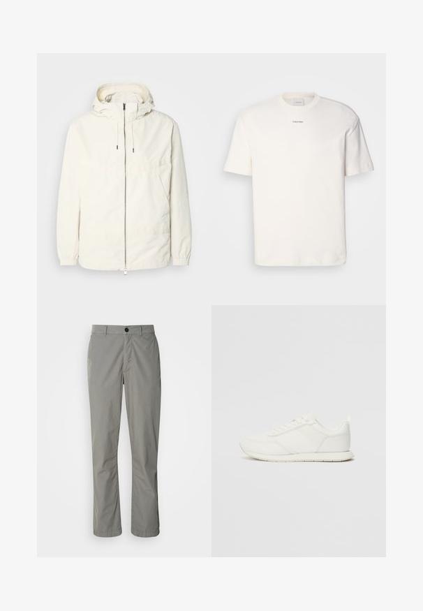 Gaisas, krēmkrāsas jaka ar kapuci, ar rāvējslēdzēju priekšpusē, elastīgām aprocēm un kangaroo kabatu. Gluda auduma virsma ar minimālām šuvju detaļām.; Balta kokvilnas T-kreklu ar apaļu kaklu, īsām piedurknēm un izšūtu "Calvin Klein" logotipu krūšu centrā. Vienkāršs dizains.; Gaiši pelēkas bikses, izgatavotas no viegla auduma. Tām ir priekšējā pogu aizdare, slīpais kabatas un taisna kāju dizains.; Baltie sporta apavi ar mežģīņu un sintētisko augšdaļu, apaļu purngalu, plakanu mežģīņu un teksturētu sānu joslu. Gumijas zole ar cilpu aizmugurē.