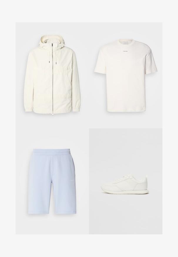 Ľahká, krémová bunda s kapucňou, zipsom vpredu, elastickými manžetami a klokannou vreckom. Hladká tkanina s minimálnymi stehovými detailmi.; Biely bavlnený tričko s okrúhlym výstrihom, krátkymi rukávmi a vyšívaným logom "Calvin Klein" na strede hrude. Jednoduchý dizajn.; Svetlo modré športové šortky vyrobené z mäkkej tkaniny, s elastickým pásom a bočnými vreckami. Malý logomorský detail na prednej strane.; Biele tenisky s sieťovaným a syntetickým zvrškom, okrúly špička, ploché šnúrky a štruktúrovaný pruh na boku. Gumová podrážka s pútkom na zadnej strane.