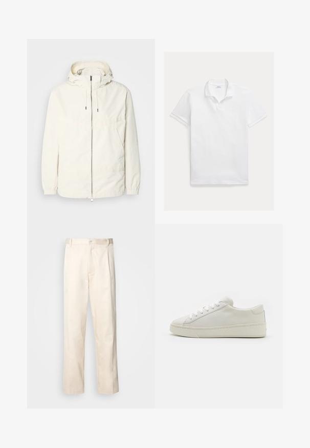 Veste légère de couleur crème avec capuche, fermeture éclair sur le devant, poignets élastiques et poche kangourou. Tissu lisse avec des détails de couture minimaux.; Polo blanc en coton. Présente un col classique, des manches courtes et un logo brodé sur la poitrine. Texture lisse et légère.; Pantalon en coton beige avec une coupe droite, présentant une fermeture à bouton et des plis sur le devant pour plus de détails.; Bally RAISE - Baskets basses - white