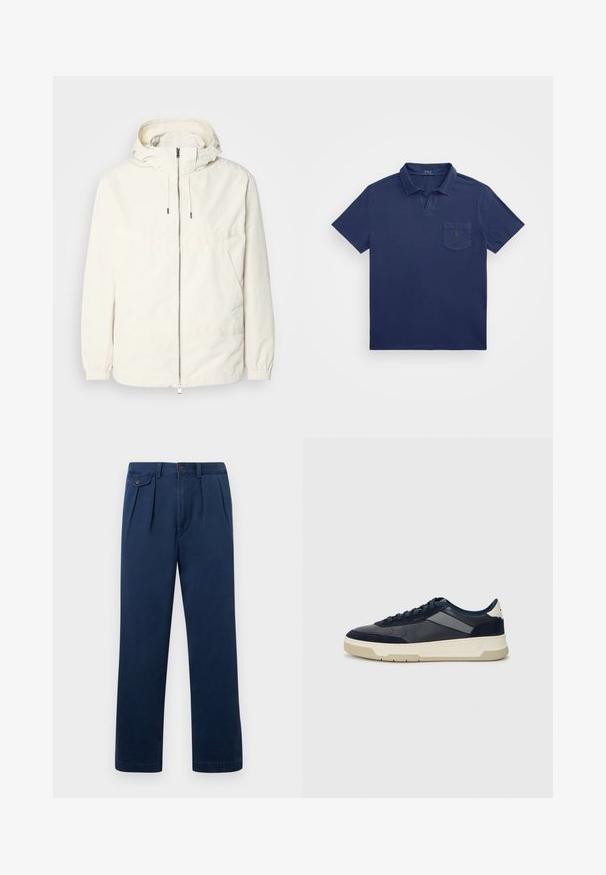 Lichte, crèmekleurige jas met een capuchon, rits aan de voorkant, elastische manchetten en een kangoeroezak. Glad materiaal met minimale stikdetails.; Navyblauwe poloshirt met een korte kraag, een borstzak en een geborduurd logo. Gemaakt van een zachte, gestructureerde stof.; Navyblauwe casual broeken met voorplooien, riemlussen, zijzakken en een met knoopsluiting afgewerkte flapzak aan de rechterkant.; BOSS BALTIMORE - Sneakers laag - open blue