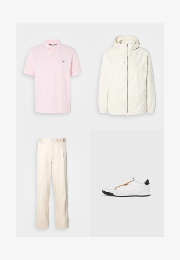 Veste légère de couleur crème avec capuche, fermeture éclair sur le devant, poignets élastiques et poche kangourou. Tissu lisse avec des détails de couture minimaux.; Polo-shirt rose clair en coton, avec un col classique, une patte de boutonnage à deux boutons et un logo brodé sur la poitrine gauche.; Pantalon en coton beige avec une coupe droite, présentant une fermeture à bouton et des plis sur le devant pour plus de détails.; Baskets blanches avec des accents en maille et en cuir. Caractéristiques d'un logo "BOSS" doré, de panneaux latéraux texturés et d'un capuchon de talon noir. Semelle en caoutchouc.