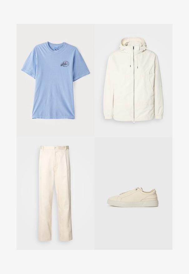 Gaisas, krēmkrāsas jaka ar kapuci, ar rāvējslēdzēju priekšpusē, elastīgām aprocēm un kangaroo kabatu. Gluda auduma virsma ar minimālām šuvju detaļām.; Gaiši zils īsās piedurknes T-krekls, izgatavots no kokvilnas, ar nelielu melnu logotipu ar krāsainiem punktiem uz kreisā krūšu apgabala. Klasiska apaļā kakla dizains.; Bežā krāsā auduma bikses ar taisnu kāju griezumu, pievienotām pogu aizdares un priekšējiem krokām papildu detaļām.; Bežīga ādas kedas ar noapaļotu purngalu, minimālistisku dizainu, smalkiem stīgām un teksturētu virsmu uz gaišas zoles.