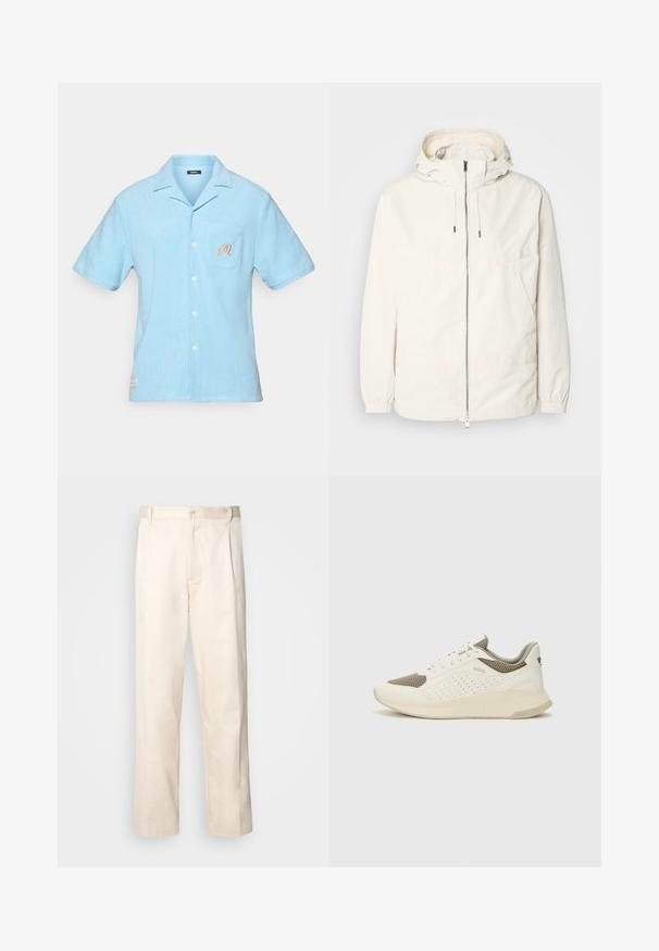 Ľahká, krémová bunda s kapucňou, zipsom vpredu, elastickými manžetami a klokannou vreckom. Hladká tkanina s minimálnymi stehovými detailmi.; Svetlomodrá krátkorpová košeľa vyrobená z jemného teri tkaniny. Má golier, prednú vrecko s vyšitým detailom a zapínanie na gombík.; Béžové bavlnené nohavice so strihom rovného nohu, s gombíkovým zapínaním a záhybmi vpredu pre pridanie detailu.; Biele a svetlo béžové športové tenisky s hornou časťou z mriežkového materiálu, perforovanými detailmi a textúrovanou medzipodrážkou s logom na päte.