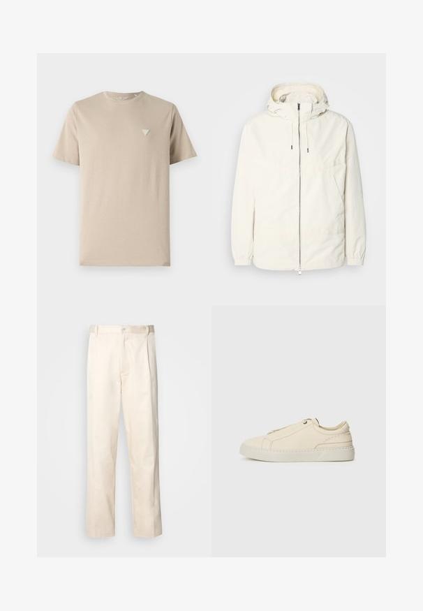 Jachetă ușoară, de culoare crem, cu glugă, fermoar în față, manșete elastice și buzunar tip kangaroo. Material neted cu detalii de cusătură minime.; Tricou din bumbac bej, cu mâneci scurte, decolteu rotund și un mic logo triunghiular brodat pe partea stângă a pieptului. Textură netedă.; Pantaloni din bumbac bej, cu croială dreaptă, dotati cu închidere cu nasture și pliuri în față pentru un plus de detaliu.; Adidași din piele bej cu vârful rotunjit, design minimalist, detalii subtile de cusătură și un superior texturat, pe o talpă deschisă.