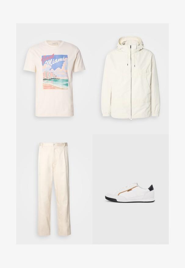 Lightweight, cream-colored jacket with a hood, zip front, elastic cuffs, and a kangaroo pocket. Smooth fabric with minimal stitching details.; Cream cotton t-shirt featuring a graphic print of Miami skyline, waves, and clouds in pastel colors, with "GANT Miami" and "Greetings From Florida" text.; Beige cotton trousers with a straight-leg cut, featuring a button closure and pleats at the front for added detail.; White athletic shoes with mesh and leather accents. Features a gold "BOSS" logo, textured side panels, and a black heel cap. Rubber sole.
