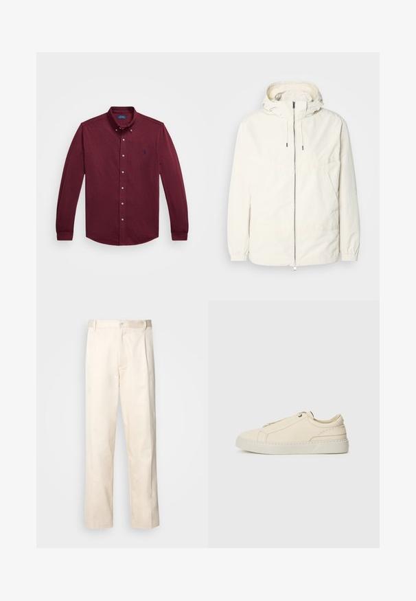 Könnyű, tejszínszínű dzseki kapucnival, cipzáras elülső résszel, rugalmas mandzsettákkal és kenguruzsebbel. Simaszerű anyag minimális varrási részletekkel.; Hosszú ujjú bordó ing, gallérral, elöl gombos, bal mellen kis sötétkék hímzett logóval.; Beige pamut nadrág egyenes szárú kivágással, gombos záródással és elülső redőkkel a részletek fokozása érdekében.; Beige bőr sneaker, lekerekített orral, minimalista dizájnal, finom varrási részletekkel és texturált felsőrésszel, világos talpon.
