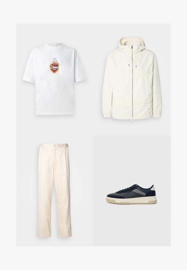 Könnyű, tejszínszínű dzseki kapucnival, cipzáras elülső résszel, rugalmas mandzsettákkal és kenguruzsebbel. Simaszerű anyag minimális varrási részletekkel.; Fehér pamut póló központi grafikával, amely virágokat, szív alakot és az "LSAINT N°01" szöveget tartalmazza élénk színekben.; Beige pamut nadrág egyenes szárú kivágással, gombos záródással és elülső redőkkel a részletek fokozása érdekében.; BOSS BALTIMORE - Sportcipő - open blue