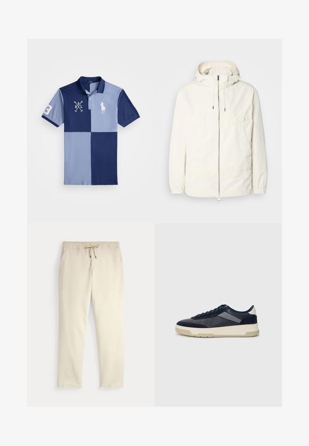 Gaisas, krēmkrāsas jaka ar kapuci, ar rāvējslēdzēju priekšpusē, elastīgām aprocēm un kangaroo kabatu. Gluda auduma virsma ar minimālām šuvju detaļām.; Īsām piedurkņu polo krekls tumši zilos un gaiši zilos laukumos ar izšūtiem krustotiem malletiem, "3" uz piedurknes un polo spēlētāja logotipu uz krūšu.; Off-white ikdienas bikses ar elastīgu jostu un auklu, taisnām kājām un sānu kabatām uz vienkārša fona.; BOSS BALTIMORE - Sporta apavi - open blue