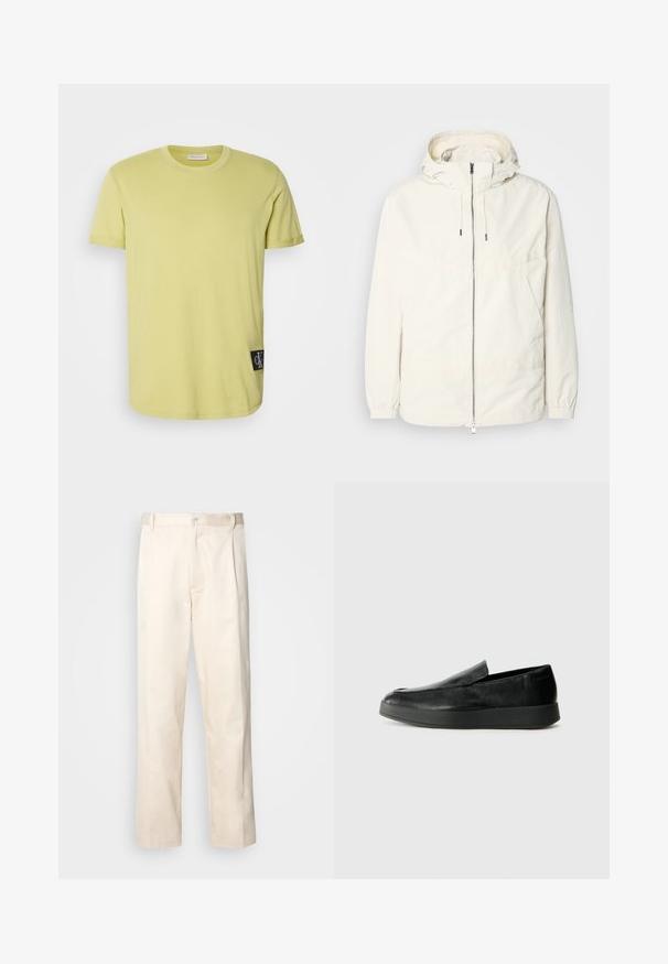 Kerge, kreemivärvi jakk, kapuutsiga, lukuga ees, elastsete mansettide ja känguru taskuga. Sile kangas minimaalsete õmblusdetailidega.; Lime roheline puuvillane T-särk, lühiuggledega ja ümmarguse kaelusega, vasakul serval must CK logo plaastriga.; Beesidised puuvillased püksid sirge jala lõikega, mis on varustatud nööpkinnituse ja ees olevate voltidega, et lisada detaili.; Calvin Klein HYBRID CUP - Jalga libistatavad jalanõud - triple black