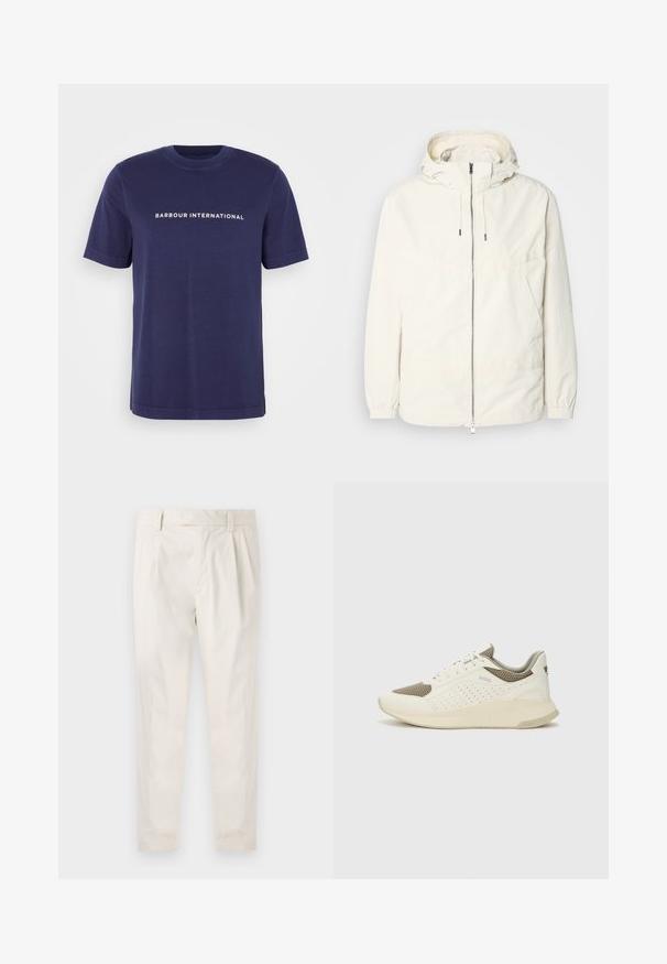 Lichte, crèmekleurige jas met een capuchon, rits aan de voorkant, elastische manchetten en een kangoeroezak. Glad materiaal met minimale stikdetails.; Marineblauwe katoenen T-shirt met korte mouwen, ronde hals, en witte tekst "BARBOUR INTERNATIONAL" gedrukt op de borst.; Witte, geplooide broeken met een getailleerde pasvorm, met een gladde textuur, riemlussen en taps toelopende benen. Geen zichtbare zakken of patronen.; Witte en lichtbeige sport sneaker, met een bovenwerk van mesh, geperforeerde details en een gestructureerde tussenzool met branding op de hiel.