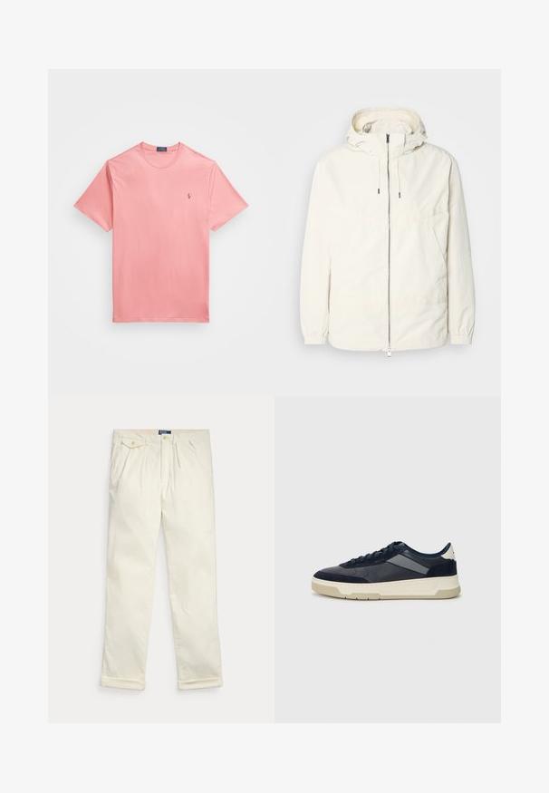 Lightweight, cream-colored jacket with a hood, zip front, elastic cuffs, and a kangaroo pocket. Smooth fabric with minimal stitching details.; Short-sleeve, round-neck t-shirt in light pink cotton, featuring a small logo in gold on the left chest. Smooth texture, simple design.; Cream-colored corduroy pants with pleats, side pockets, buttoned flap pocket, and folded cuffs, laid flat on a white background.; BOSS BALTIMORE - Trainers - open blue