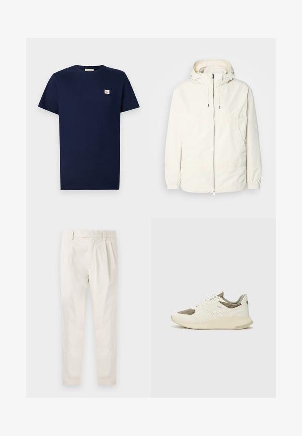 Lightweight, cream-colored jacket with a hood, zip front, elastic cuffs, and a kangaroo pocket. Smooth fabric with minimal stitching details.; Navy blue cotton t-shirt with short sleeves, crew neck, and a small embroidered logo patch on the left chest. Smooth texture.; White, pleated trousers with a tailored fit, featuring a smooth texture, belt loops, and tapered legs. No visible pockets or patterns.; White and light beige athletic sneaker, featuring a mesh upper, perforated detailing, and a textured midsole with branding on the heel.