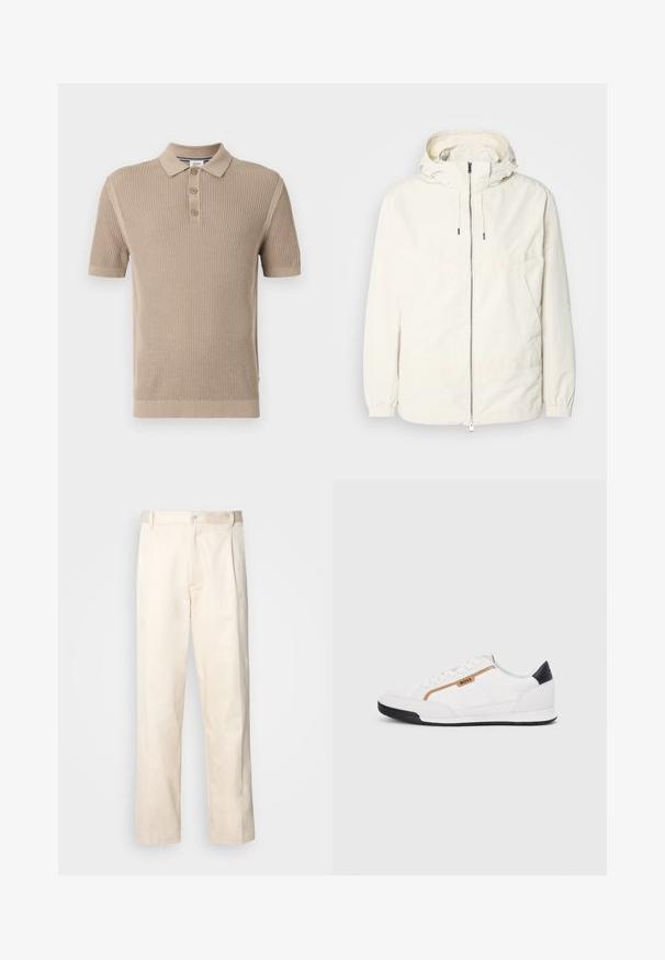 Lehká, krémově zbarvená bunda s kapucí, zipem vpředu, elastickými manžetami a klokaní kapsou. Hladká látka s minimem švových detailů.; Polo tričko s krátkým rukávem v béžové barvě, se zapínáním na tři knoflíky a texturovaným pleteným vzorem, vyrobené z měkké látky.; Bežové bavlněné kalhoty se střihy rovného nohavice, s knoflíkovým zapínáním a záhyby vpředu pro zvýraznění detailu.; Bílé sportovní boty s akcenty z meshe a kůže. Mají zlaté logo "BOSS", texturované boční panely a černý podpatek. Gumová podrážka.
