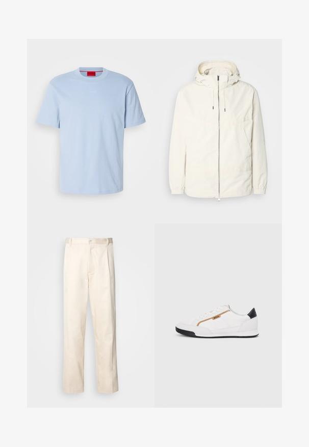 Ľahká, krémová bunda s kapucňou, zipsom vpredu, elastickými manžetami a klokannou vreckom. Hladká tkanina s minimálnymi stehovými detailmi.; Svetlomodré bavlnené tričko s okrúhlym výstrihom, krátkymi rukávmi a jemným bielym logom "HUGO" na hrudi. Hladká textúra.; Béžové bavlnené nohavice so strihom rovného nohu, s gombíkovým zapínaním a záhybmi vpredu pre pridanie detailu.; Biele športové topánky s akcentmi z korku a kože. Obsahujú zlaté logo "BOSS", textúrované bočné panely a čierny pätník. Gumová podrážka.