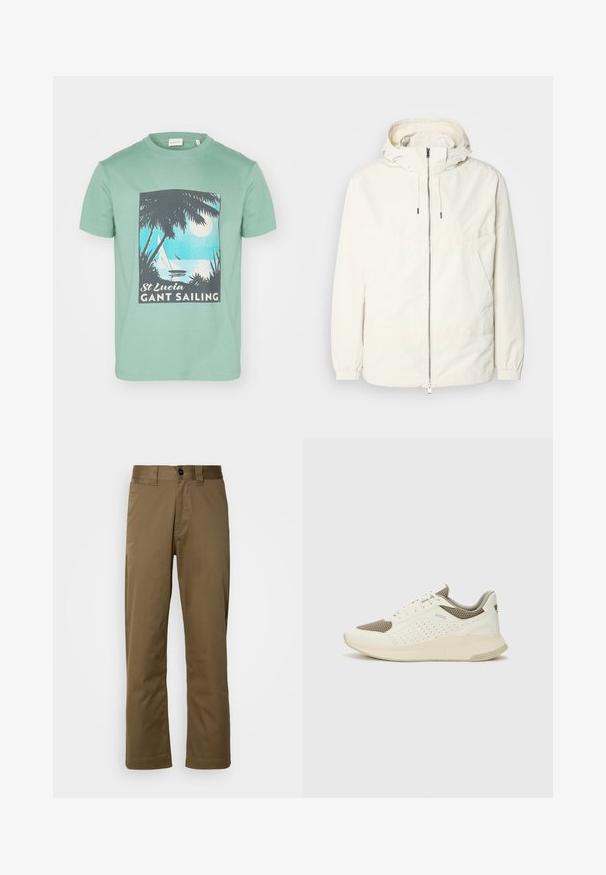 Kerge, kreemivärvi jakk, kapuutsiga, lukuga ees, elastsete mansettide ja känguru taskuga. Sile kangas minimaalsete õmblusdetailidega.; Müntroheline puuvillane t-särk, millel on graafiline print palmipuudest, kuust ja purjekatest, sildiga "St Lucia GANT Sailing."; Pruunid sirged püksid, mis on valmistatud kudumiskangast. Omavad nööpide sulgemist, külgtaskuid ja siledat tekstuuri. Täpselt sobiv lõige.; Valge ja heledat beeži värvi spordijalats, millel on õhuke võrkmaterjal, perforatsioonidega detailid ning tekstuuriga vahetald, millel on brändi logo kannaosas.