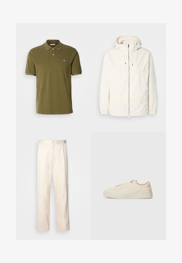 Lehká, krémově zbarvená bunda s kapucí, zipem vpředu, elastickými manžetami a klokaní kapsou. Hladká látka s minimem švových detailů.; Olivově zelená polo košile vyrobená z bavlny, s tříknoflíkovým zapínáním, krátkými rukávy a vyšitým logem na levé hrudi.; Bežové bavlněné kalhoty se střihy rovného nohavice, s knoflíkovým zapínáním a záhyby vpředu pro zvýraznění detailu.; Krémové kožené tenisky s kulatou špičkou, minimalistickým designem, jemnými švy a texturovaným svrškem, na světlé podrážce.