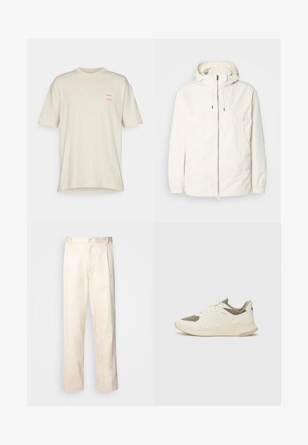 Lahka, svetločrna jakna s kapuco, z zadrgo spredaj, elastičnimi manšetami in kenguru žepom. Gladka tkanina z minimalnimi šivi.; Bež majica iz bombaža s sproščenim krojem, z okroglim izrezom in kratkimi rokavi. Dvojni rdeči napisi "SAMSØE" na levi strani prsnega koša.; Bež cottone hlače s ravnim krojem, ki imajo gumbasto zapiranje in nabore spredaj za dodatne detajle.; Beli in svetlo bež športni copat, s mrežastim zgornjim delom, perforiranimi detajli in teksturirano srednjim delom z blagovno znamko na peti.