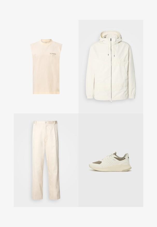 Kerge, kreemivärvi jakk, kapuutsiga, lukuga ees, elastsete mansettide ja känguru taskuga. Sile kangas minimaalsete õmblusdetailidega.; Kreemivärvi ilmaülikonnaga puuvillane topp ümmarguse kaelusega. Vasaku rinnaosa pehme rohelise logoprindiga. Sile tekstuur.; Beesidised puuvillased püksid sirge jala lõikega, mis on varustatud nööpkinnituse ja ees olevate voltidega, et lisada detaili.; Valge ja heledat beeži värvi spordijalats, millel on õhuke võrkmaterjal, perforatsioonidega detailid ning tekstuuriga vahetald, millel on brändi logo kannaosas.