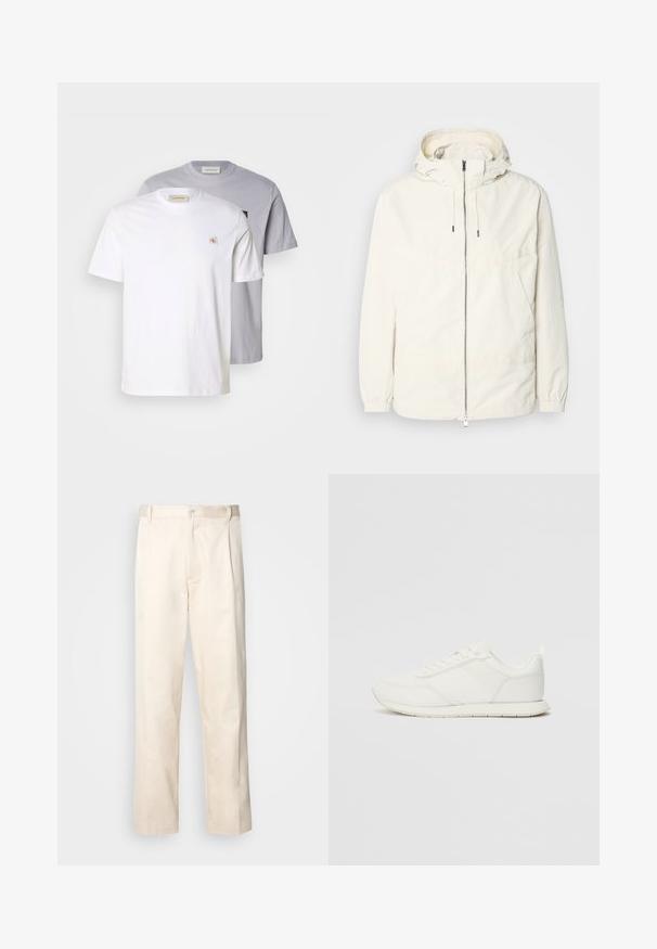 Jachetă ușoară, de culoare crem, cu glugă, fermoar în față, manșete elastice și buzunar tip kangaroo. Material neted cu detalii de cusătură minime.; Două tricouri cu mânecă scurtă: unul alb și unul gri deschis. Ambele au guler rotund, sunt din material de bumbac și au un logo mic pe față.; Pantaloni din bumbac bej, cu croială dreaptă, dotati cu închidere cu nasture și pliuri în față pentru un plus de detaliu.; Tenis alb cu un superior din plasă și material sintetic, vârf rotund, șireturi plate și o dungi texturată pe lateral. Talpă din cauciuc cu un tab la spate.