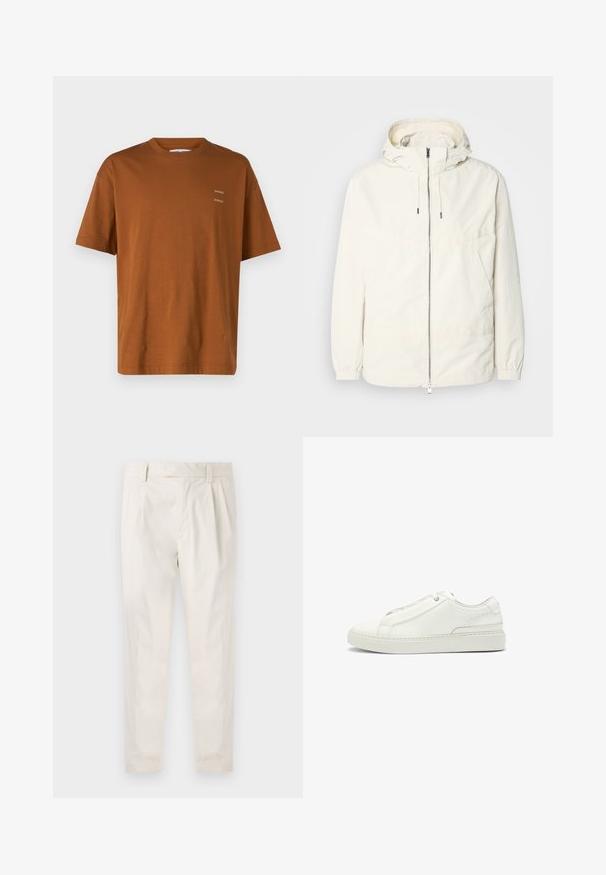Lightweight, cream-colored jacket with a hood, zip front, elastic cuffs, and a kangaroo pocket. Smooth fabric with minimal stitching details.; Brown cotton t-shirt with a relaxed fit, crew neckline, and short sleeves. Features small printed text in white on the front.; White, pleated trousers with a tailored fit, featuring a smooth texture, belt loops, and tapered legs. No visible pockets or patterns.; White leather sneaker featuring a textured upper, a round toe, minimalistic design, and a rubber sole with stitched detailing.