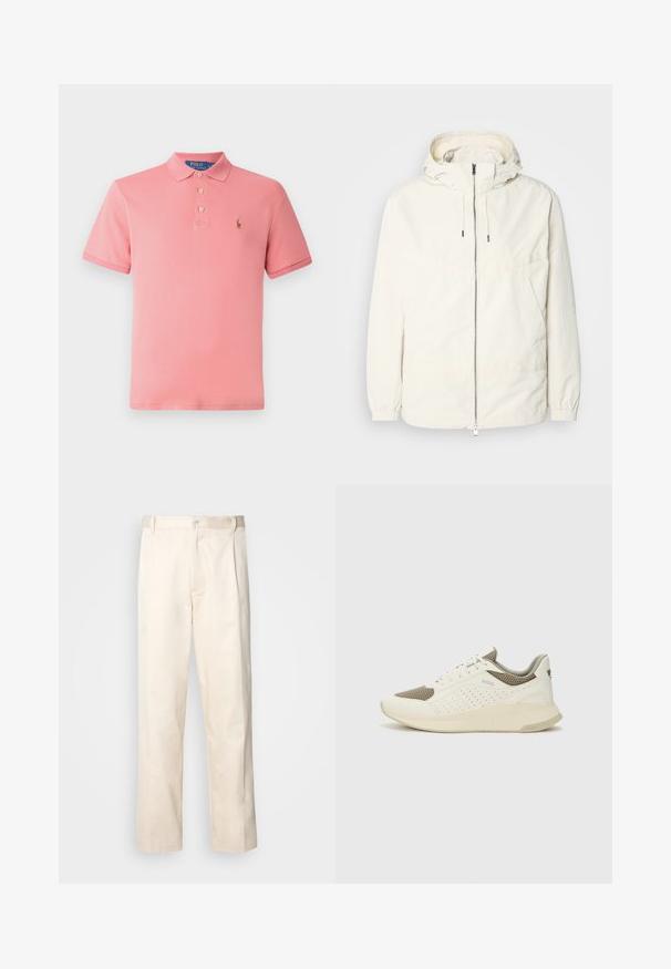 Lehká, krémově zbarvená bunda s kapucí, zipem vpředu, elastickými manžetami a klokaní kapsou. Hladká látka s minimem švových detailů.; Růžové polo tričko vyrobené z bavlny. Má klasický límeček, tříknoflíkovou légu a vyšívané logo na levé části hrudi. Krátké rukávy.; Bežové bavlněné kalhoty se střihy rovného nohavice, s knoflíkovým zapínáním a záhyby vpředu pro zvýraznění detailu.; Bílé a světle béžové atletické tenisky, které mají síťovaný svršek, perforované detaily a texturovanou mezipodešev s logem na patě.