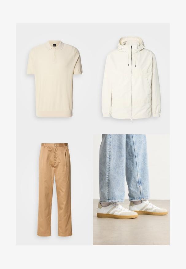 Kerge, kreemivärvi jakk, kapuutsiga, lukuga ees, elastsete mansettide ja känguru taskuga. Sile kangas minimaalsete õmblusdetailidega.; Lühikeste varrukatega polo särk heledas beežis, valmistatud pehmest kudumisest. Omab pool-äkkkaelust ja sobiv keha ribaga äärisega.; Khekilõngid, puuvilla segu, sirge jala disain, ees olevad voldid, vööloopid ja nupuga sulg. Sile tekstuur ilma mustriteta.; Valged tenniset jalatsid beeži nubukaktsentide ja heade kummitaldadega; omavad madalat disaini ja tekstuurset detailimist ülemisel osal.