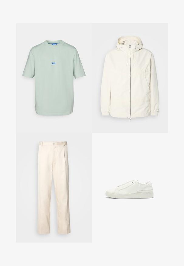 Kevyt, kermaisen valkoinen takki, jossa on huppu, vetoketjusuljenta, joustavat hihansuut ja kengurupocket. Sujuva kangas, jossa on minimaalista ompelutapaa.; HUGO NIEROS - T-paita - light/pastel green; Vaaleanbeige puuvillahousut, joissa on suora lahje, varustettu nappisulkeisella ja etupuolella olevilla laskoksilla lisäyksinä.; Valkoinen nahkakenkä, jossa on teksturoitu yläosa, pyöreä kärki, minimalistinen muotoilu ja kumipohja, jossa on ommeltu yksityiskohta.