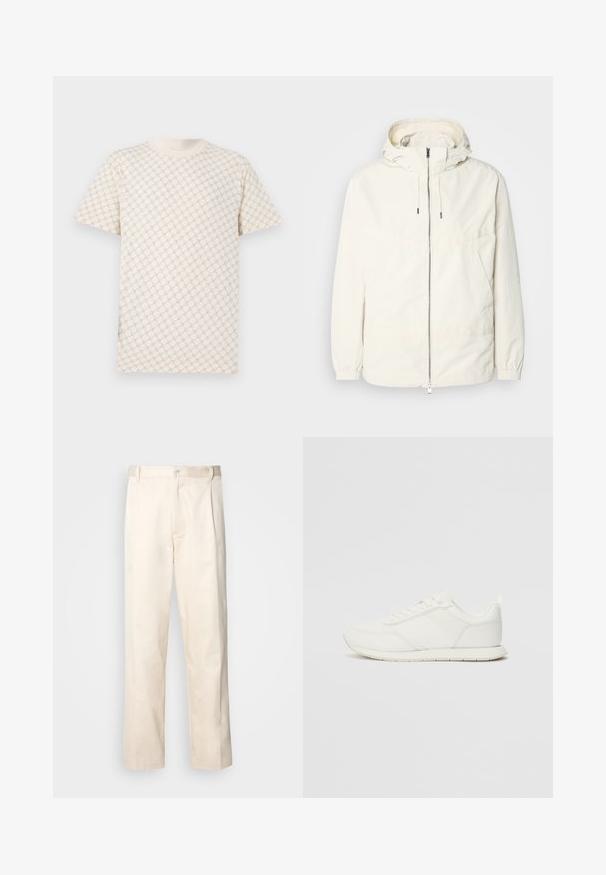 Gaisas, krēmkrāsas jaka ar kapuci, ar rāvējslēdzēju priekšpusē, elastīgām aprocēm un kangaroo kabatu. Gluda auduma virsma ar minimālām šuvju detaļām.; Gai bēžs īsām piedurknēm T-krekls ar teksturētu rakstu, kurā redzami pārklājoši apļi. Mīksta auduma, ar apaļu kakla izgriezumu un regulāru piegriezumu.; Bežā krāsā auduma bikses ar taisnu kāju griezumu, pievienotām pogu aizdares un priekšējiem krokām papildu detaļām.; Baltie sporta apavi ar mežģīņu un sintētisko augšdaļu, apaļu purngalu, plakanu mežģīņu un teksturētu sānu joslu. Gumijas zole ar cilpu aizmugurē.