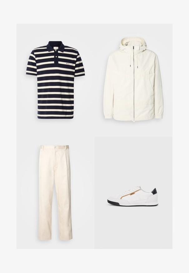 Ľahká, krémová bunda s kapucňou, zipsom vpredu, elastickými manžetami a klokannou vreckom. Hladká tkanina s minimálnymi stehovými detailmi.; Námornícky modré a biele pruhované polo tričko, krátke rukávy, bavlnený materiál, dvoma gombíkmi zapínanie, vyšívané logo na hrudi.; Béžové bavlnené nohavice so strihom rovného nohu, s gombíkovým zapínaním a záhybmi vpredu pre pridanie detailu.; Biele športové topánky s akcentmi z korku a kože. Obsahujú zlaté logo "BOSS", textúrované bočné panely a čierny pätník. Gumová podrážka.