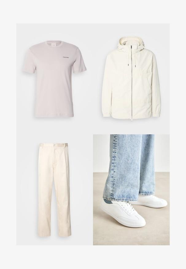 Lightweight, cream-colored jacket with a hood, zip front, elastic cuffs, and a kangaroo pocket. Smooth fabric with minimal stitching details.; Light gray cotton t-shirt with a crew neck, short sleeves, and a small black "Calvin Klein" logo on the left chest. Smooth texture.; Beige cotton trousers with a straight-leg cut, featuring a button closure and pleats at the front for added detail.; White sneakers with smooth material, lace-up design, textured rubber sole, and a teal accent at the heel, paired with light blue jeans.