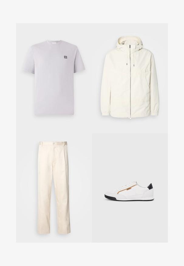 Lengvas, kreminės spalvos švarkas su kapišonu, užtrauktuku priekyje, elastingomis rankovėmis ir kengūros kišene. Lygus audinys su minimaliais siūlių detalėmis.; Šviesiai levandų trumpomis rankovėmis marškinėliai, pagaminti iš medvilnės, su apvalia iškirpte ir mažu tamsiu logotipo žymele kairėje krūtinės pusėje. Lygus tekstūra.; Bežinės medvilninės kelnės su tiesiu kirpimu, turinčios mygtuko uždarymą ir priekyje raukšles papildomai dekoratyviam akcentui.; Balti sportiniai bateliai su tinklinėmis ir odinėmis detalėmis. Yra auksinė "BOSS" logotipas, tekstūruoti šonai ir juodas kulno dangtelis. Guminis padas.