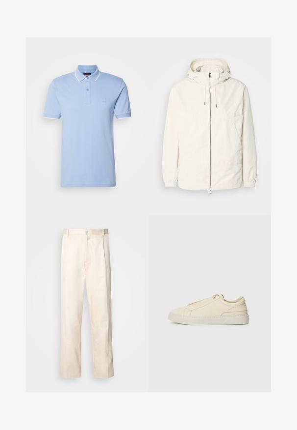 Gaisas, krēmkrāsas jaka ar kapuci, ar rāvējslēdzēju priekšpusē, elastīgām aprocēm un kangaroo kabatu. Gluda auduma virsma ar minimālām šuvju detaļām.; Gaiši zils polo krekls no kokvilnas. Ar trīs pogām, ribotām apkaklēm un baltajiem akcentiem uz piedurknēm. Logo uzlīme uz krūtīm.; Bežā krāsā auduma bikses ar taisnu kāju griezumu, pievienotām pogu aizdares un priekšējiem krokām papildu detaļām.; Bežīga ādas kedas ar noapaļotu purngalu, minimālistisku dizainu, smalkiem stīgām un teksturētu virsmu uz gaišas zoles.