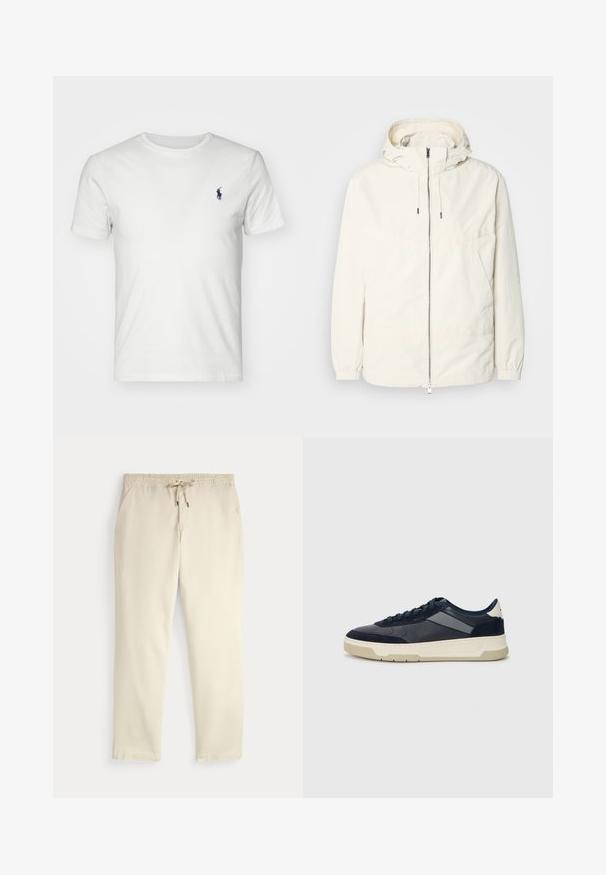Lehká, krémově zbarvená bunda s kapucí, zipem vpředu, elastickými manžetami a klokaní kapsou. Hladká látka s minimem švových detailů.; Bílá bavlněná tričko s kulatým výstřihem a krátkými rukávy. Obsahuje malou námořnickou polo značku na levé části hrudi. Hladká textury, volný střih.; Krémové casual kalhoty s elastickým pasem a stahovací šňůrkou, rovné nohavice a boční kapsy na jednoduchém pozadí.; BOSS BALTIMORE - Tenisky - open blue