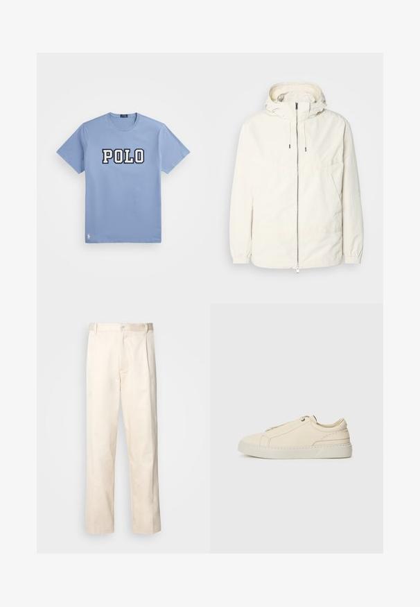 Lengvas, kreminės spalvos švarkas su kapišonu, užtrauktuku priekyje, elastingomis rankovėmis ir kengūros kišene. Lygus audinys su minimaliais siūlių detalėmis.; Šviesiai mėlynas medvilninis marškinėlis su apvaliu iškirpimu, kuriame yra didelis „POLO“ logotipas baltos ir tamsiai mėlynos spalvos, su mažu logotipo akcentu apatiniame krašte.; Bežinės medvilninės kelnės su tiesiu kirpimu, turinčios mygtuko uždarymą ir priekyje raukšles papildomai dekoratyviam akcentui.; Kreminio odos sportbačiai su apvaliu nosiu, minimalistiniu dizainu, subtiliomis siuvimo detalėmis ir tekstūrine viršutine dalimi, ant šviesios pado.